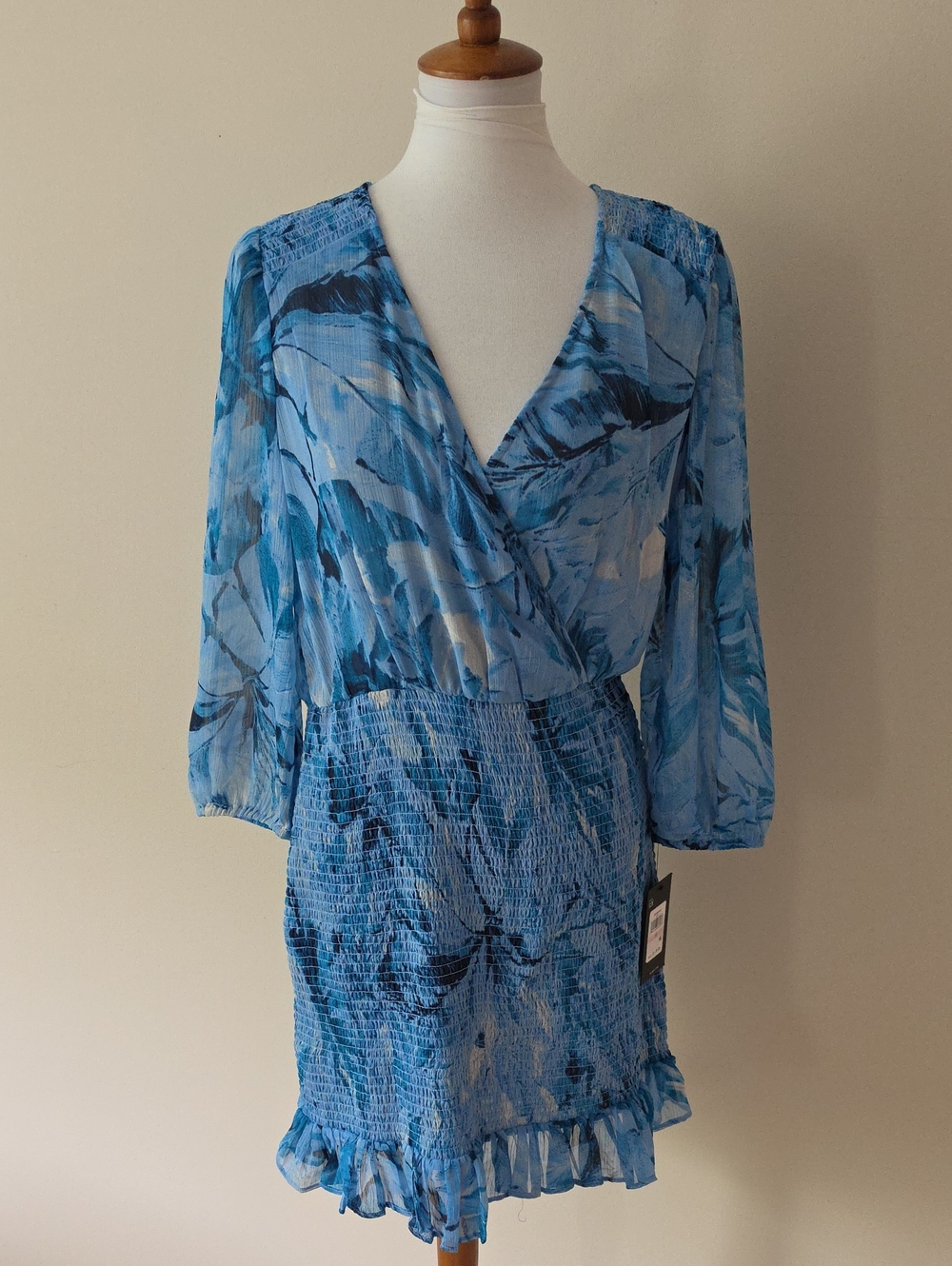 BCBG Blue Floral Wrap-Style Smocked Waist Dress Brand New